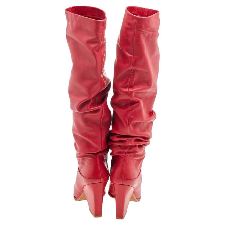 Pre Owned Stuart Weitzman Red Leather Slouch Block Heel Knee Length Boots Size 37.5