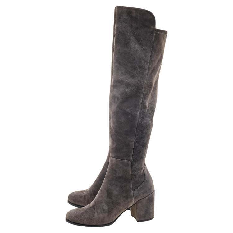 Pre Owned Stuart Weitzman Grey Suede Block Heel Knee Length Boots Size 37.5