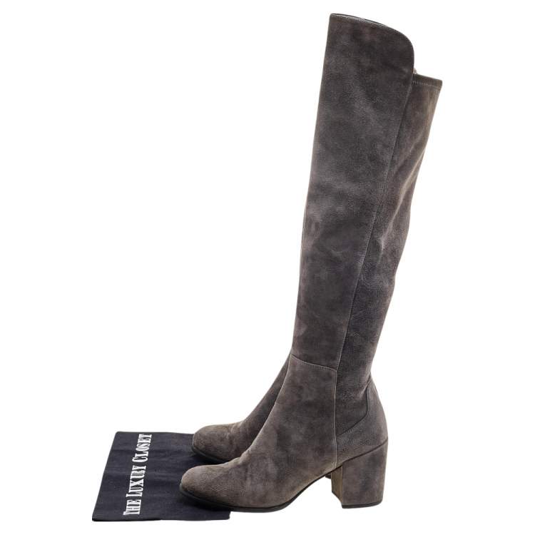 Pre Owned Stuart Weitzman Grey Suede Block Heel Knee Length Boots Size 37.5