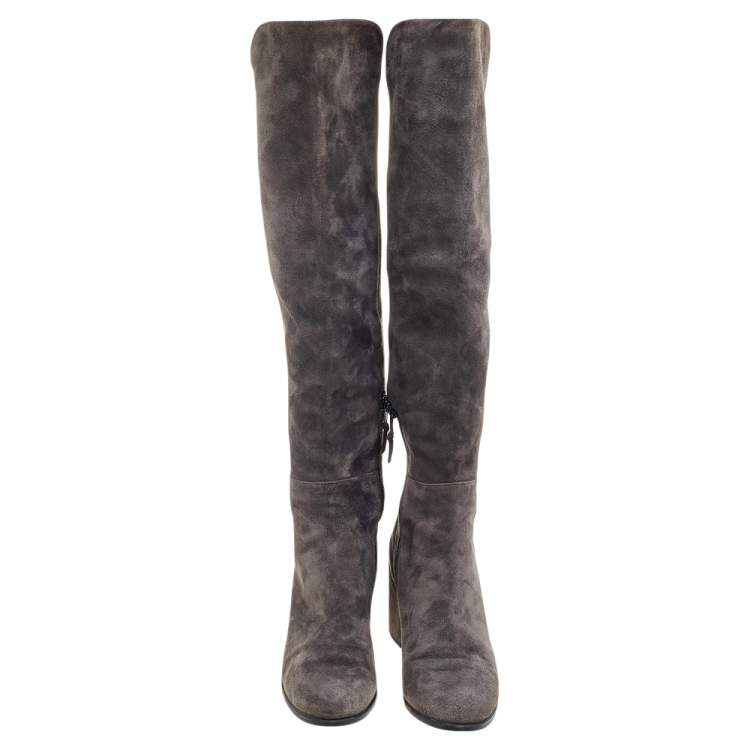 Pre Owned Stuart Weitzman Grey Suede Block Heel Knee Length Boots Size 37.5