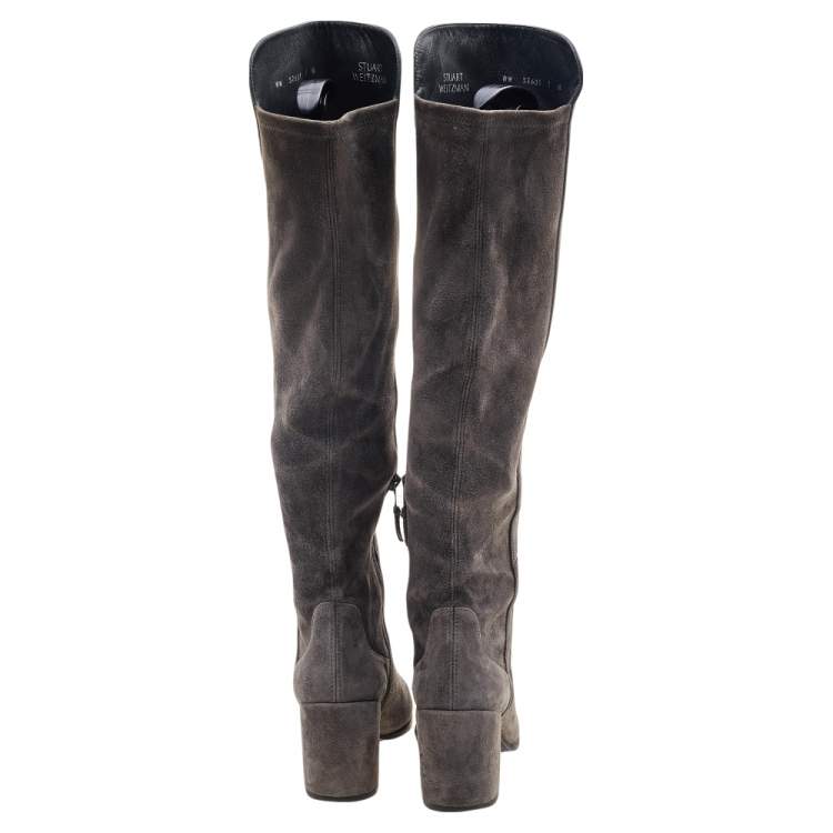 Pre Owned Stuart Weitzman Grey Suede Block Heel Knee Length Boots Size 37.5