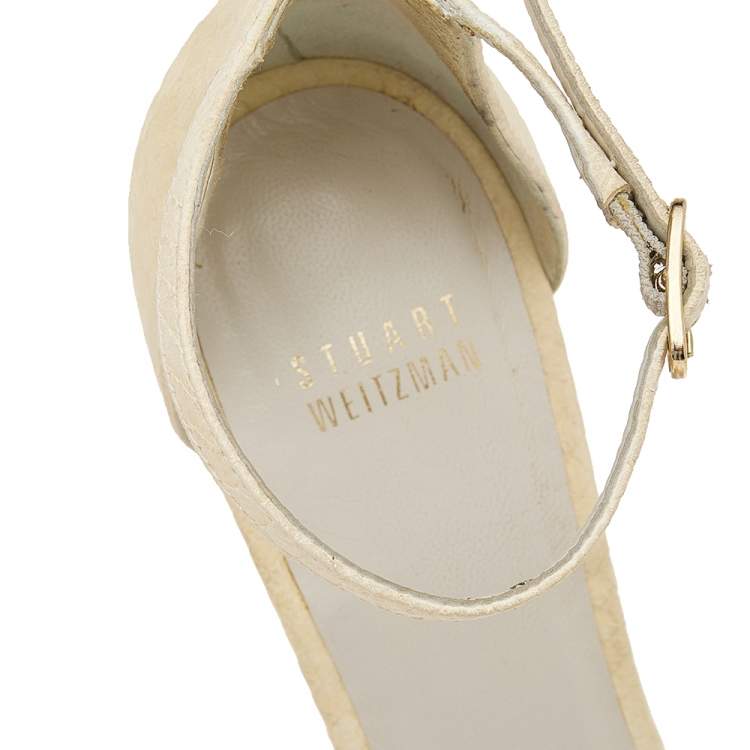 Pre Owned Stuart Weitzman Cream Python Embossed Leather Nudist Ankle Strap Sandals Size 39