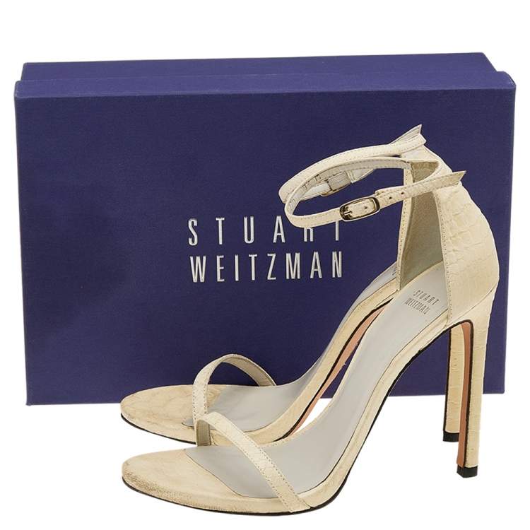 Pre Owned Stuart Weitzman Cream Python Embossed Leather Nudist Ankle Strap Sandals Size 39