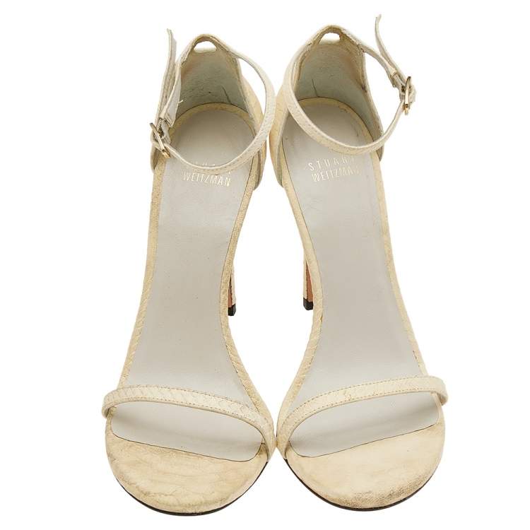 Pre Owned Stuart Weitzman Cream Python Embossed Leather Nudist Ankle Strap Sandals Size 39
