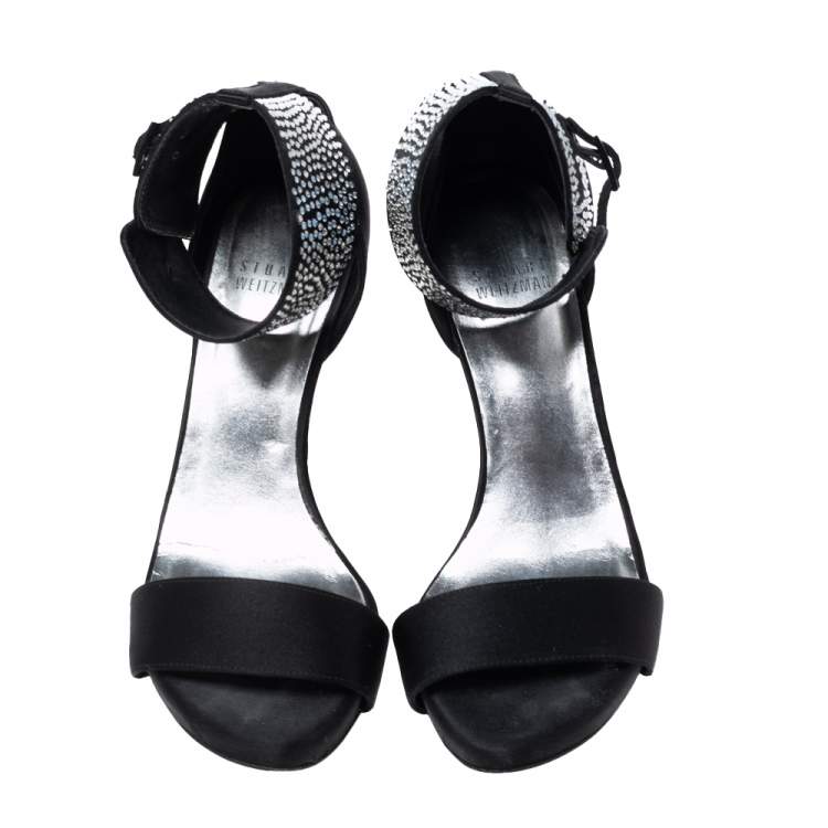 Pre Owned Stuart Weitzman Black Satin Crystal Embellished Ankle Cuff Sandals Size 36