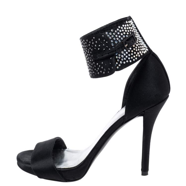 Pre Owned Stuart Weitzman Black Satin Crystal Embellished Ankle Cuff Sandals Size 36