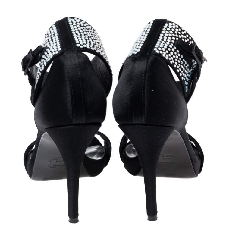 Pre Owned Stuart Weitzman Black Satin Crystal Embellished Ankle Cuff Sandals Size 36