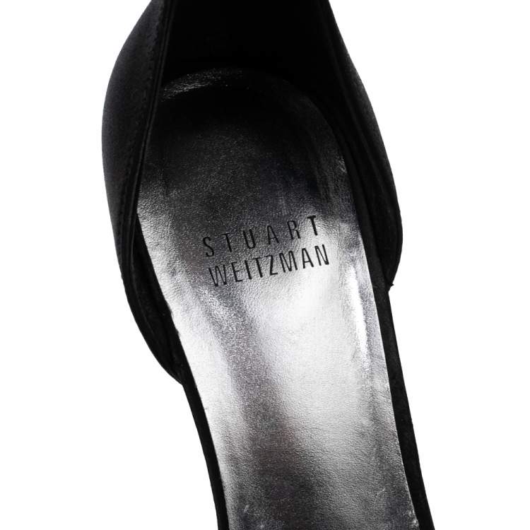 Pre Owned Stuart Weitzman Black Satin Crystal Embellished Ankle Cuff Sandals Size 36
