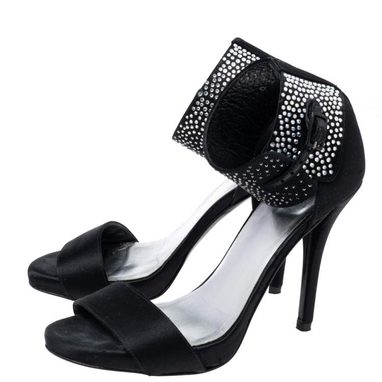 Pre Owned Stuart Weitzman Black Satin Crystal Embellished Ankle Cuff Sandals Size 36