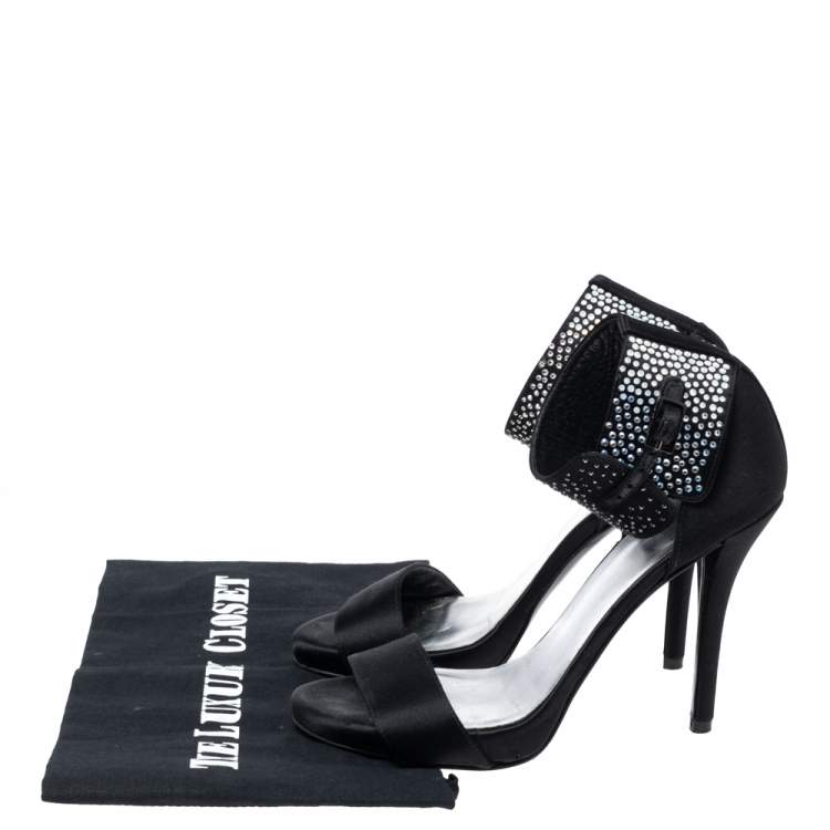 Pre Owned Stuart Weitzman Black Satin Crystal Embellished Ankle Cuff Sandals Size 36