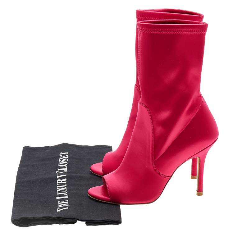 Pre Owned Stuart Weitzman Fuchsia Satin Open Toe Ankle Length Boots Size 37
