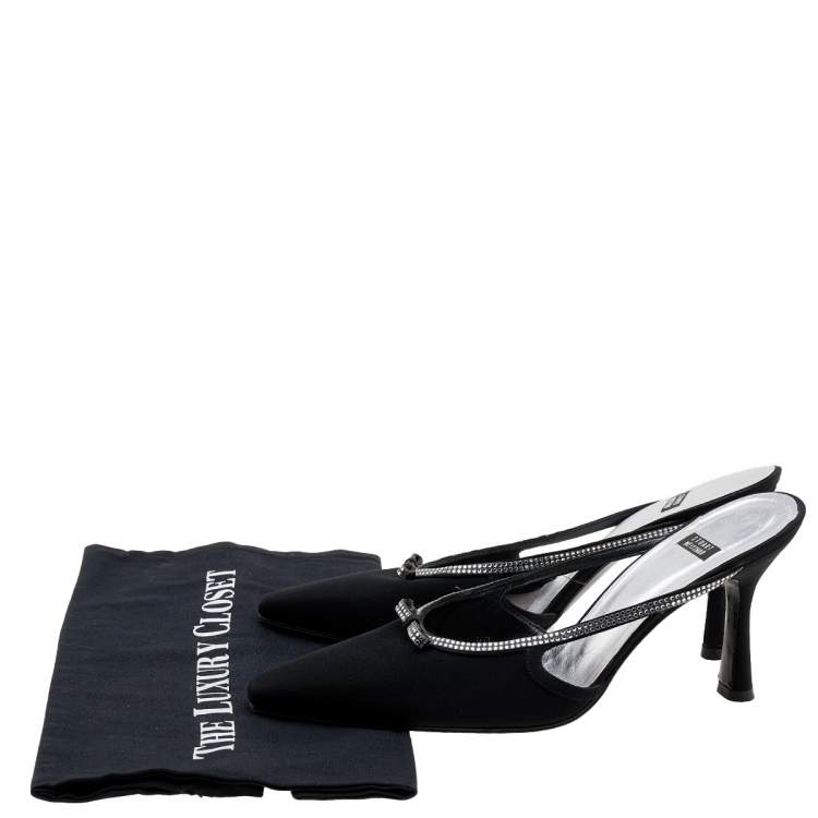 Pre Owned Stuart Weitzman Black Nylon Crystal Embellished Mules Size 40