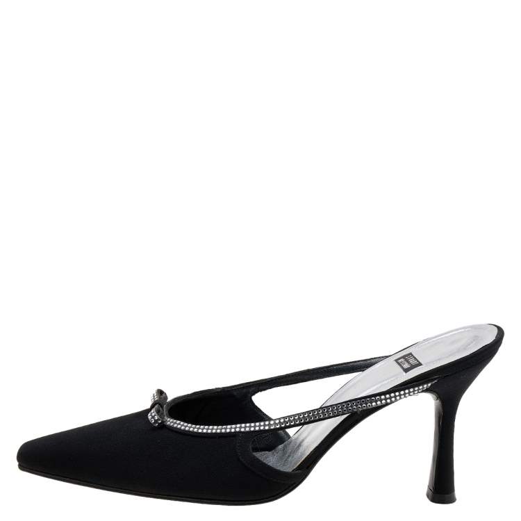 Pre Owned Stuart Weitzman Black Nylon Crystal Embellished Mules Size 40