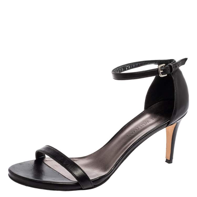 Pre Owned Stuart Weitzman Black Leather Nudist  Ankle Strap Sandals Size 41