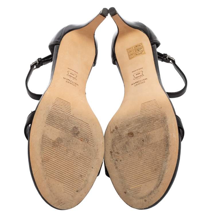 Pre Owned Stuart Weitzman Black Leather Nudist  Ankle Strap Sandals Size 41