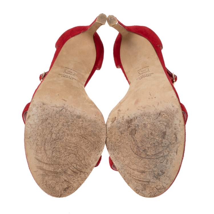 Pre Owned Stuart Weitzman Red Suede Nudist Ankle-Strap Sandals Size 38.5