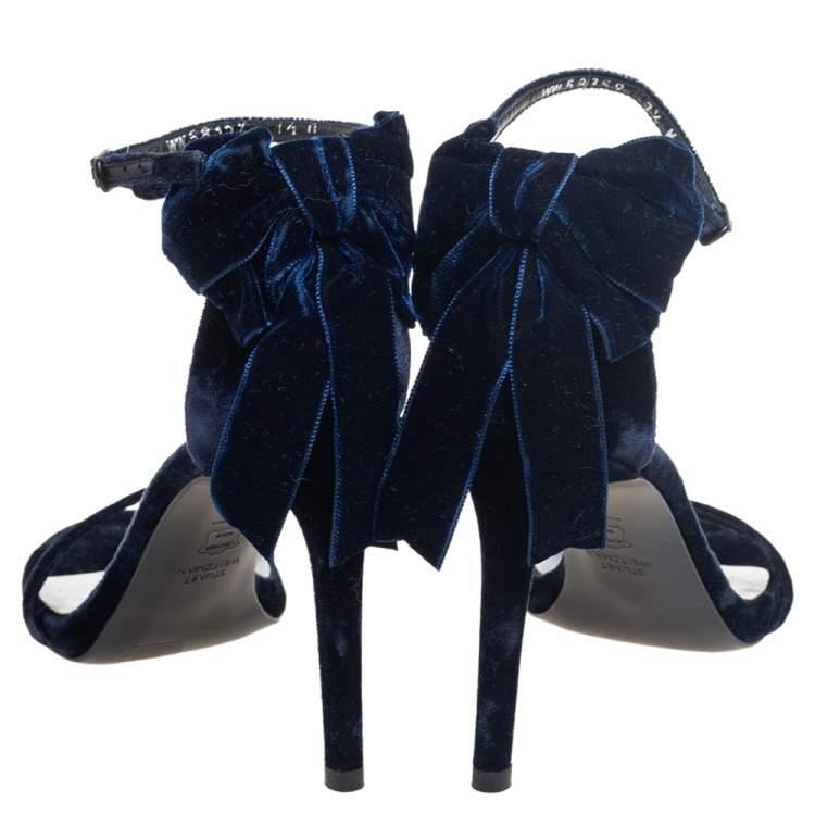 Pre Owned Stuart Weitzman Navy Blue Velvet My Bow Ankle-Strap Sandals Size 38