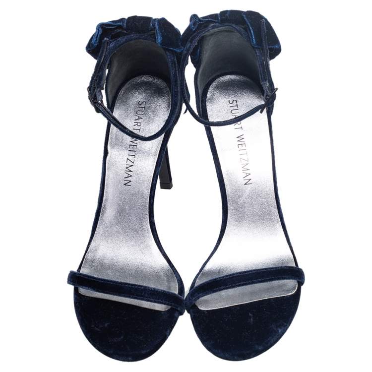Pre Owned Stuart Weitzman Navy Blue Velvet My Bow Ankle-Strap Sandals Size 38