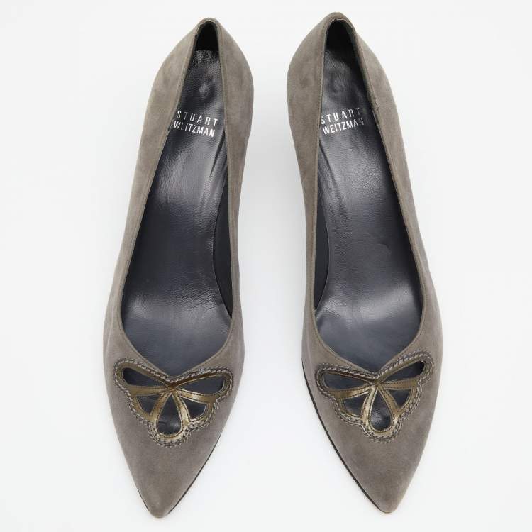 Pre Owned Stuart Weitzman Grey Suede Cut-Out Pointed Toe Pumps Size 41