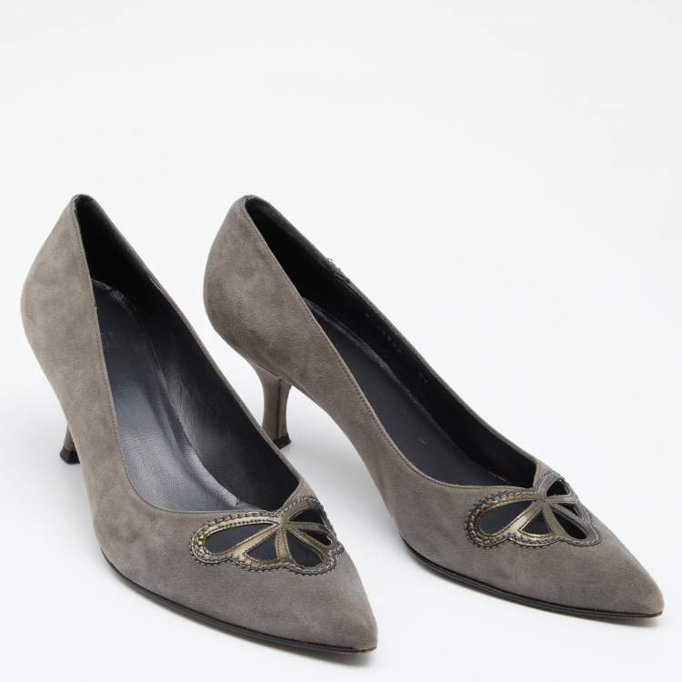 Pre Owned Stuart Weitzman Grey Suede Cut-Out Pointed Toe Pumps Size 41