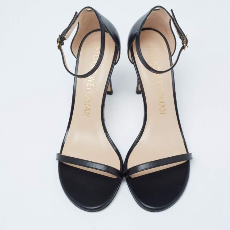 Pre Owned Stuart Weitzman Black Leather Nudistsong Ankle Cuff Sandals Size 38