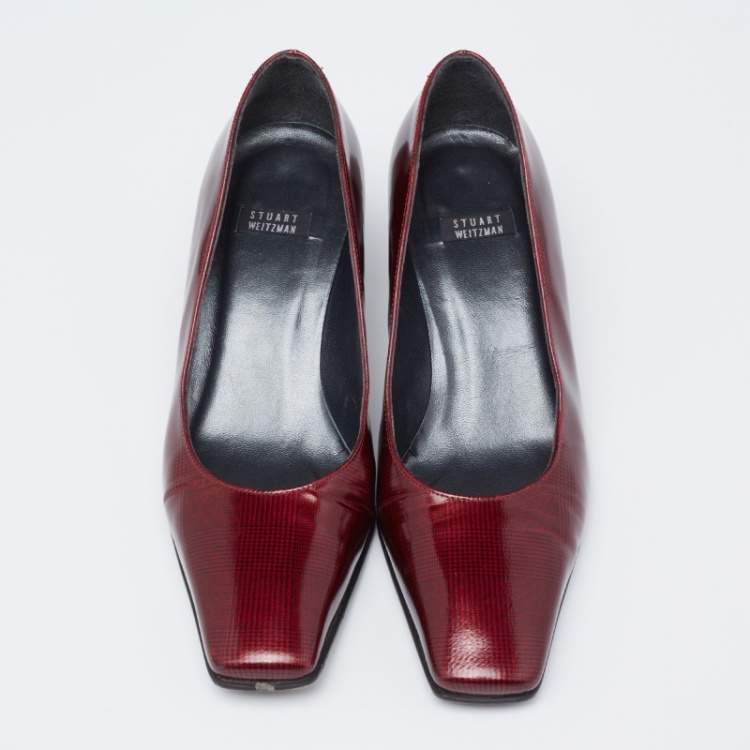 Pre Owned Stuart Weitzman Burgundy Printed Patent Leather Square Toe Pumps Size 36