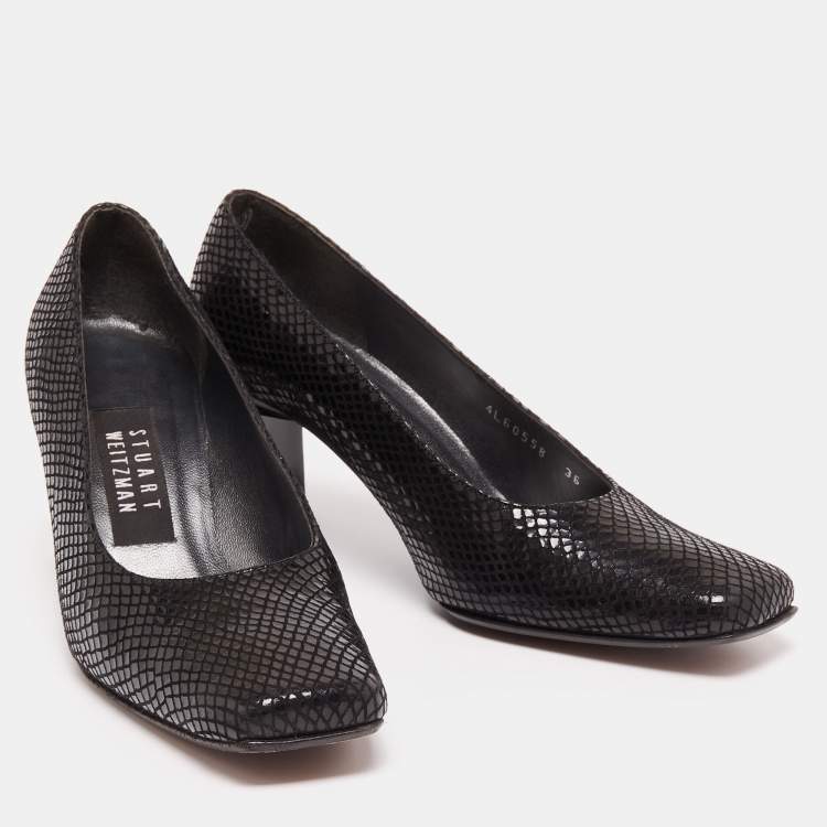 Pre Owned Stuart Weitzman Black Python Embossed Leather Square Toe Pumps Size 36