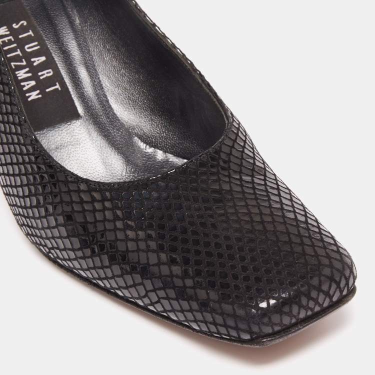 Pre Owned Stuart Weitzman Black Python Embossed Leather Square Toe Pumps Size 36