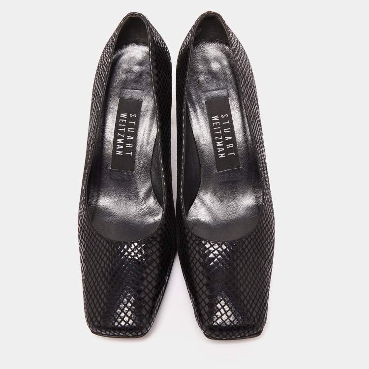 Pre Owned Stuart Weitzman Black Python Embossed Leather Square Toe Pumps Size 36