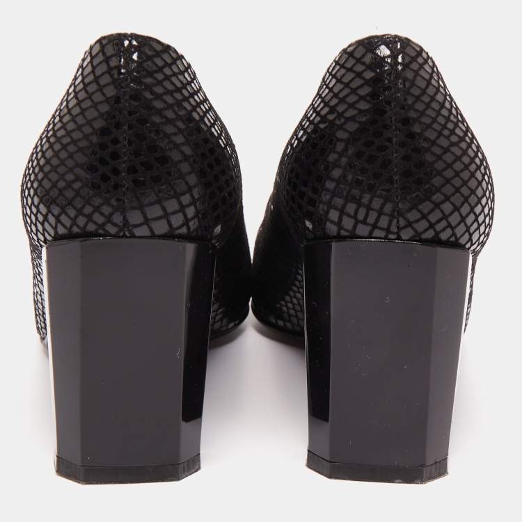 Pre Owned Stuart Weitzman Black Python Embossed Leather Square Toe Pumps Size 36