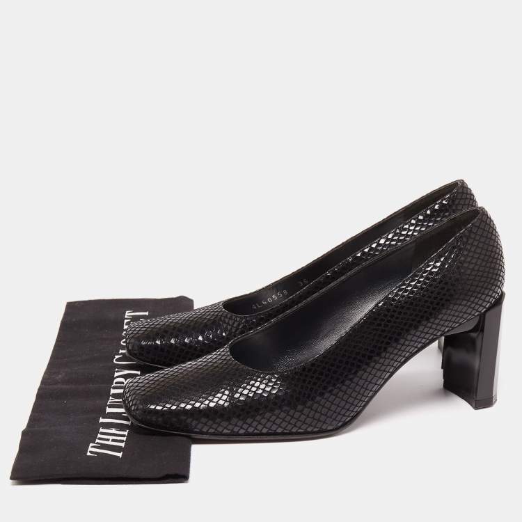 Pre Owned Stuart Weitzman Black Python Embossed Leather Square Toe Pumps Size 36