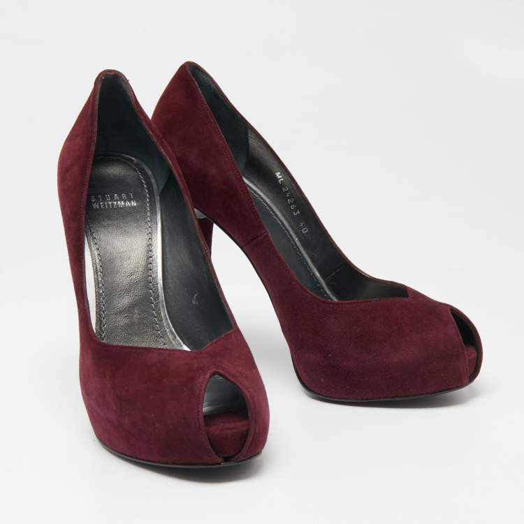 Pre Owned Stuart Weitzman Burgundy Suede Victoria Peep-Toe Pumps Size 40