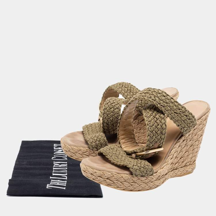 Pre Owned Stuart Weitzman Brown Raffia Wedge Ankle Strap Sandals Size 38.5