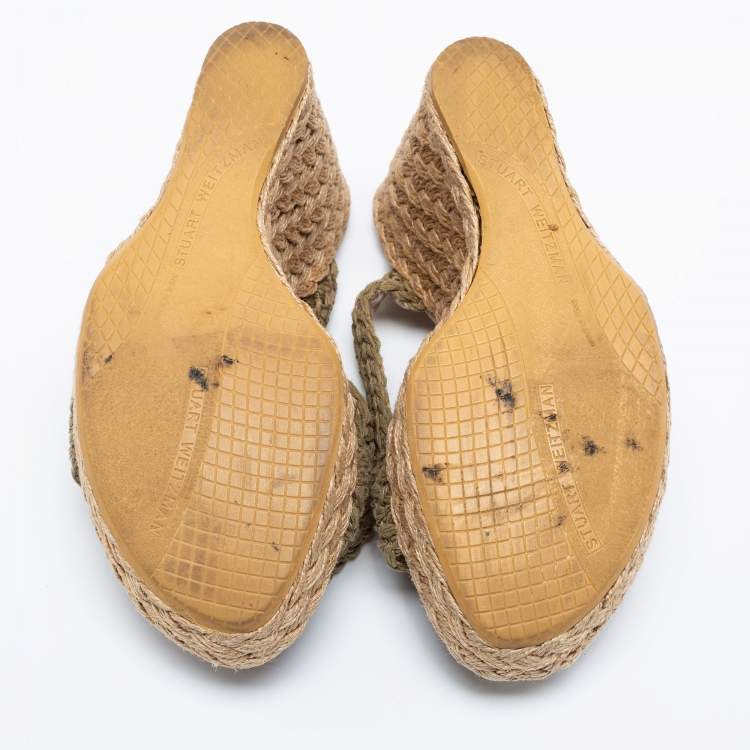 Pre Owned Stuart Weitzman Brown Raffia Wedge Ankle Strap Sandals Size 38.5