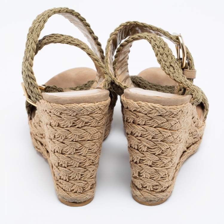 Pre Owned Stuart Weitzman Brown Raffia Wedge Ankle Strap Sandals Size 38.5