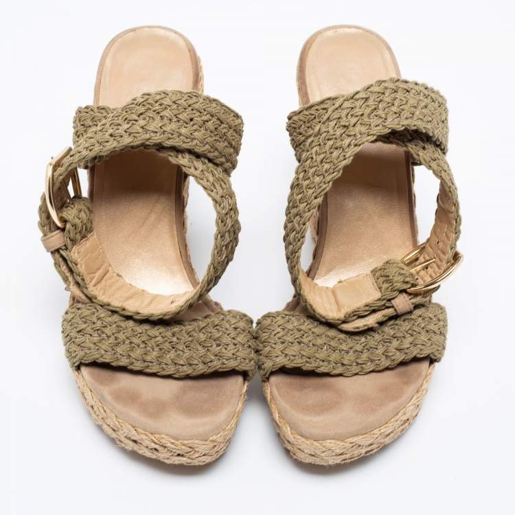 Pre Owned Stuart Weitzman Brown Raffia Wedge Ankle Strap Sandals Size 38.5