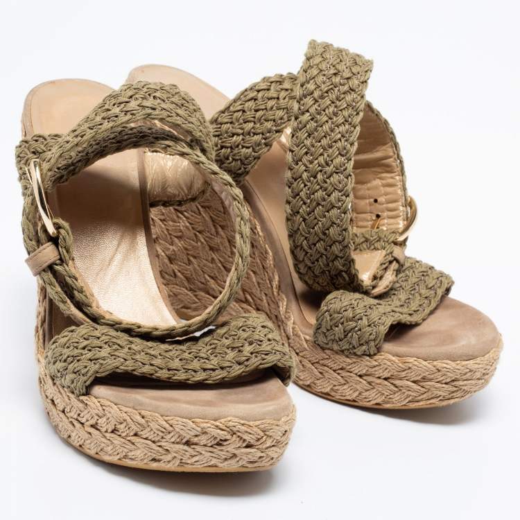 Pre Owned Stuart Weitzman Brown Raffia Wedge Ankle Strap Sandals Size 38.5