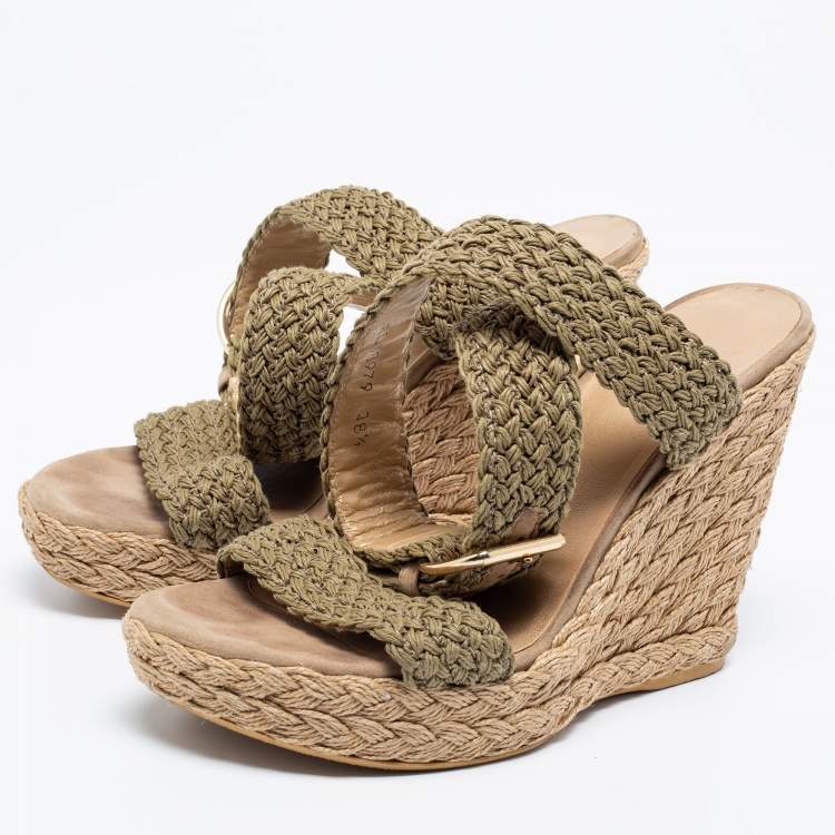 Pre Owned Stuart Weitzman Brown Raffia Wedge Ankle Strap Sandals Size 38.5
