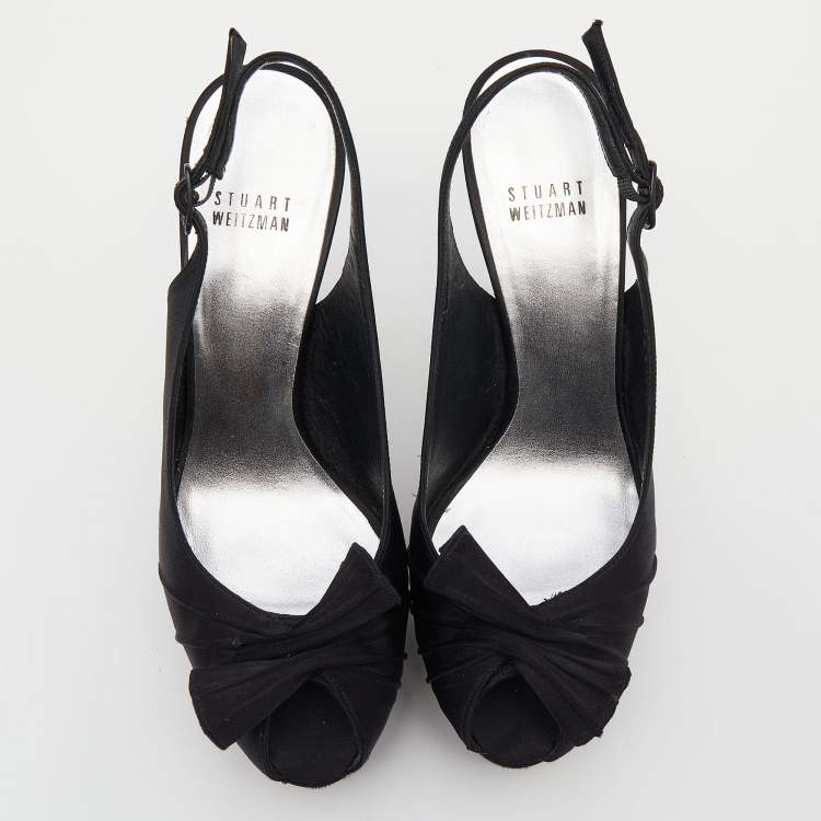 Pre Owned Stuart Weitzman Black Satin Slingback Platform Sandals Size 38