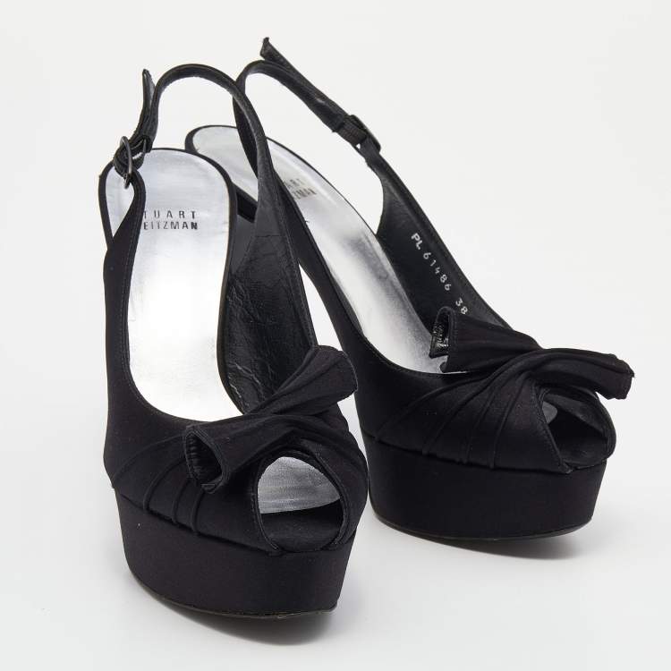 Pre Owned Stuart Weitzman Black Satin Slingback Platform Sandals Size 38