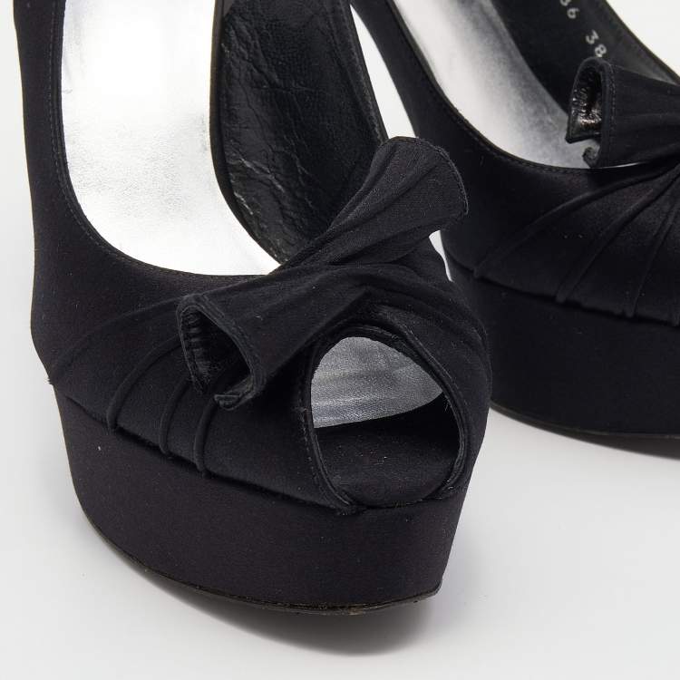 Pre Owned Stuart Weitzman Black Satin Slingback Platform Sandals Size 38