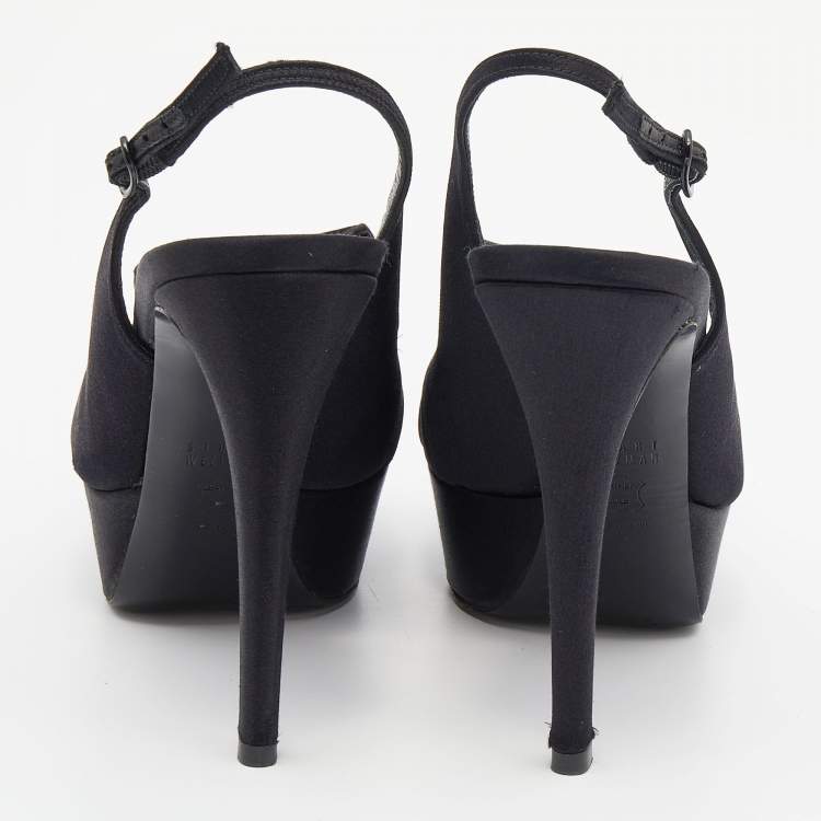 Pre Owned Stuart Weitzman Black Satin Slingback Platform Sandals Size 38