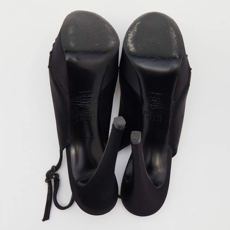 Pre Owned Stuart Weitzman Black Satin Slingback Platform Sandals Size 38