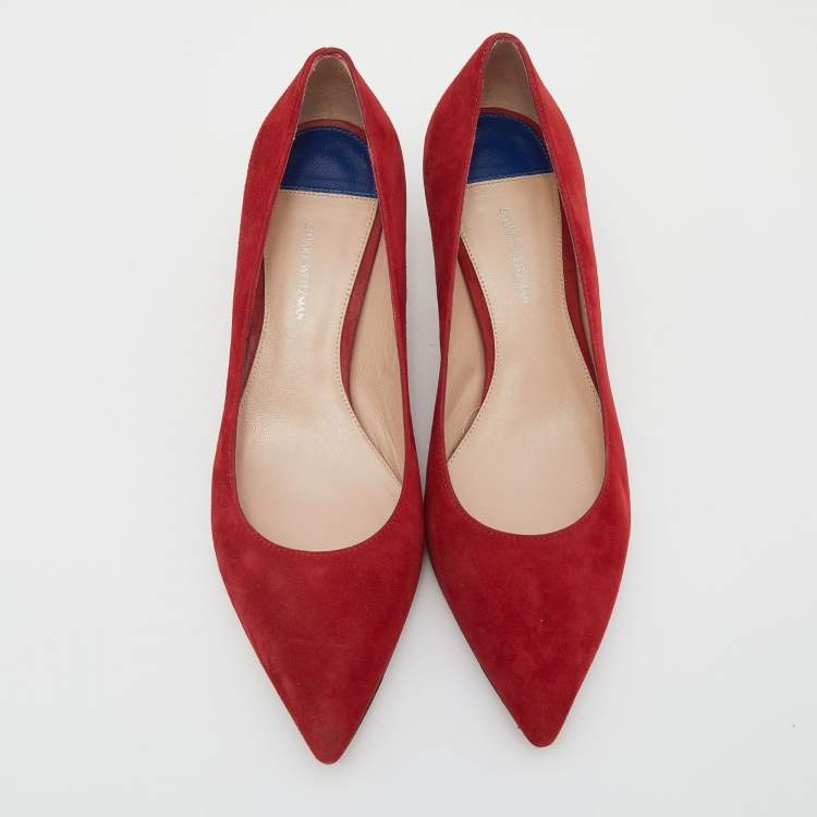 Pre Owned Stuart Weitzman Red Suede Anny Pointed Toe Pumps Size 37.5