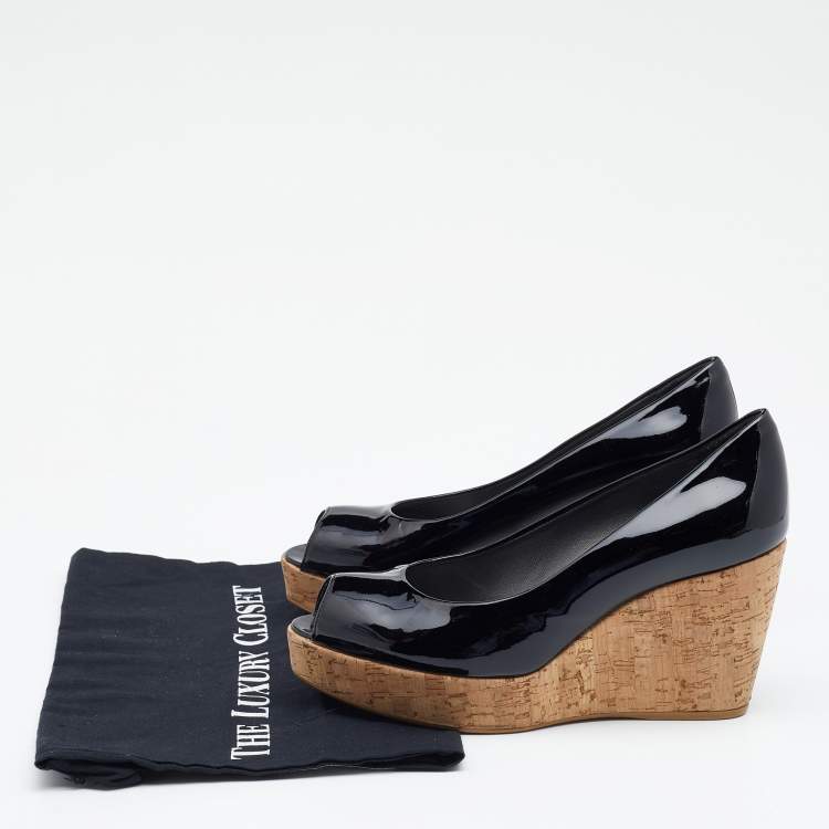 Pre Owned Stuart Weitzman Black Patent Leather Anna Cork Wedge Platform Peep Toe Pumps Size 39