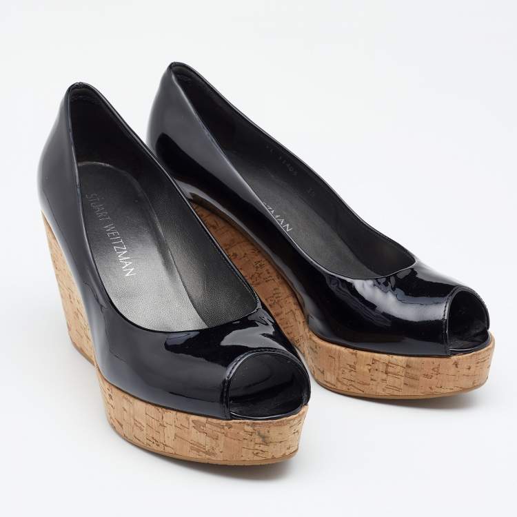 Pre Owned Stuart Weitzman Black Patent Leather Anna Cork Wedge Platform Peep Toe Pumps Size 39