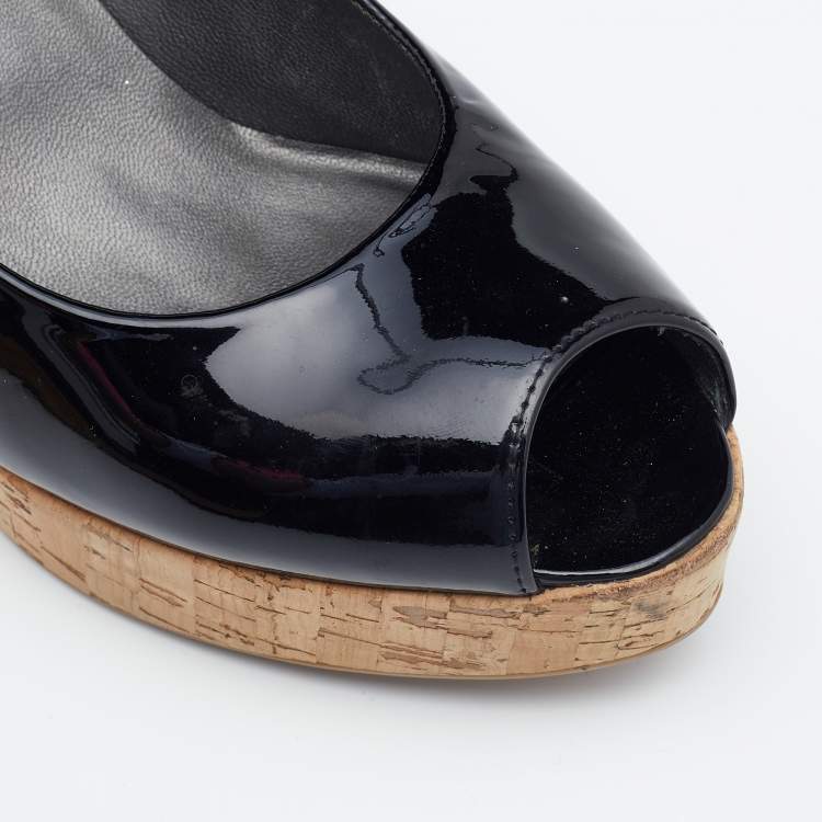 Pre Owned Stuart Weitzman Black Patent Leather Anna Cork Wedge Platform Peep Toe Pumps Size 39