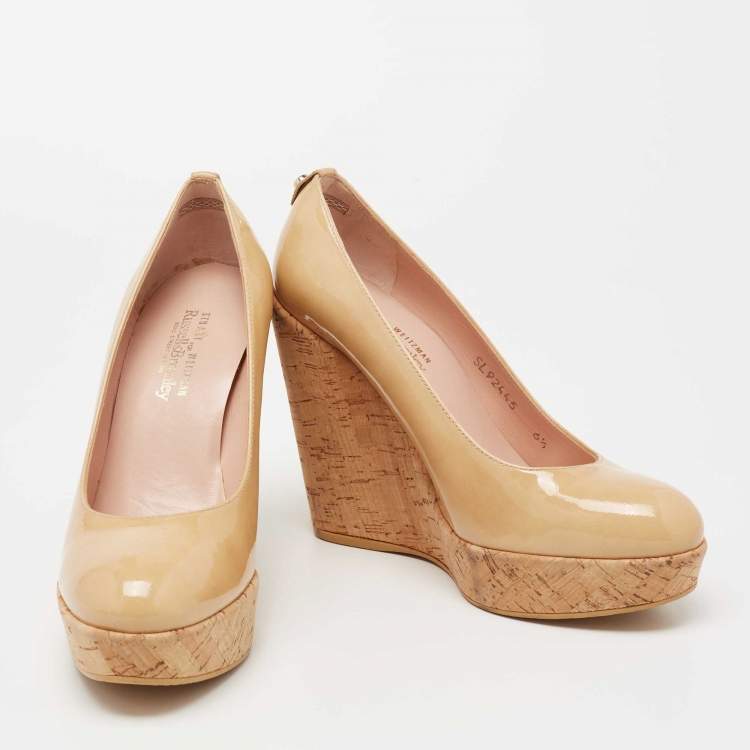Pre Owned Stuart Weitzman Beige Patent Leather Cork Platform Wedge Pumps Size 37