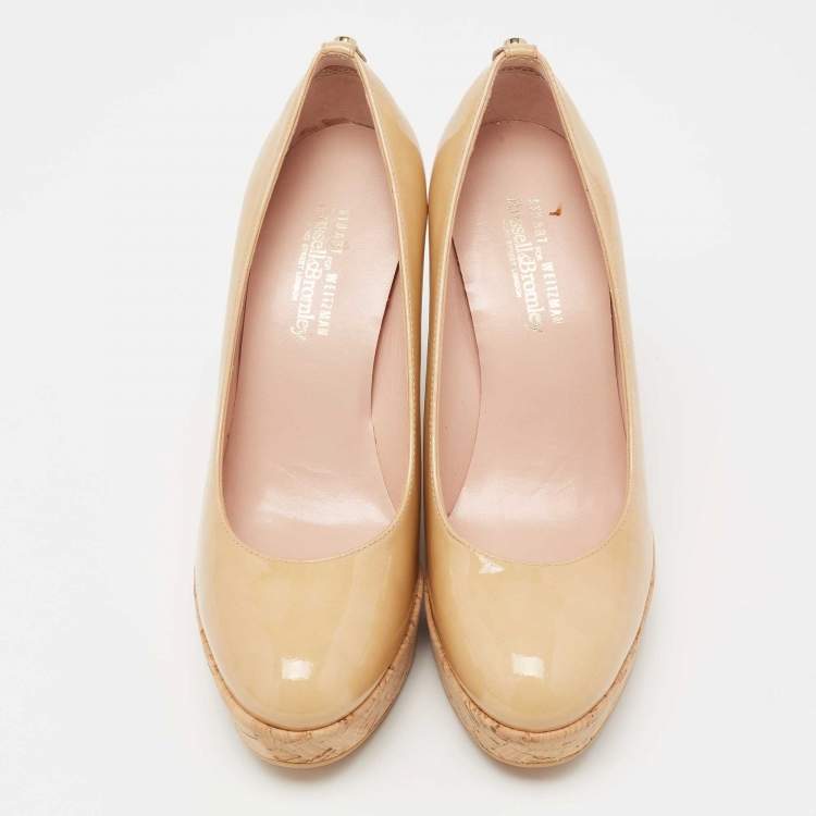 Pre Owned Stuart Weitzman Beige Patent Leather Cork Platform Wedge Pumps Size 37