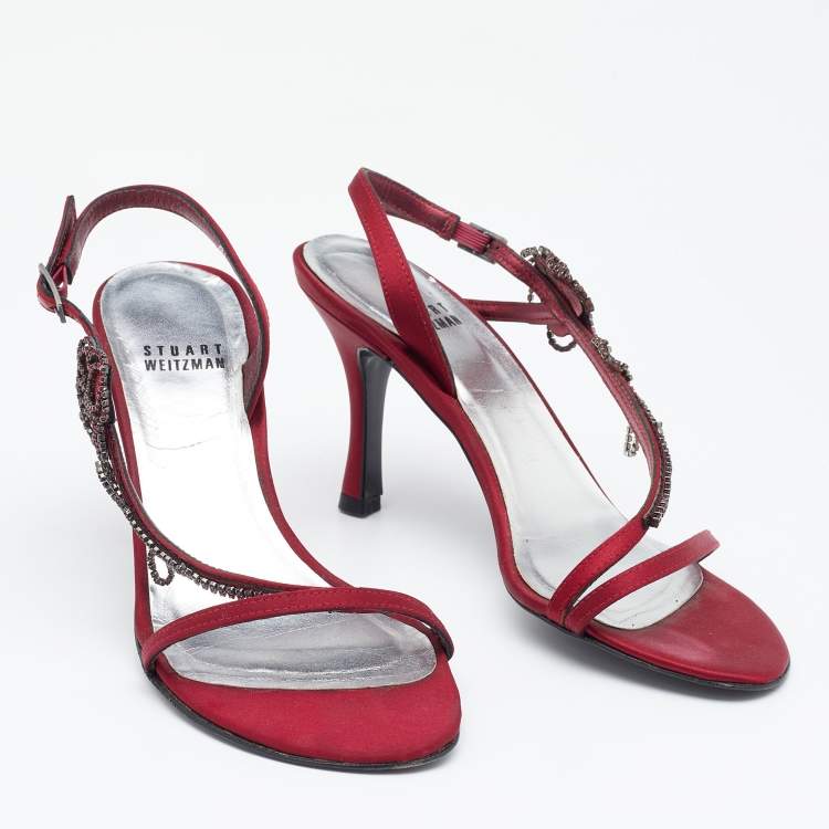 Pre Owned Stuart Weitzman Burgundy Satin Crystal Embellished Slingback Sandals Size 37